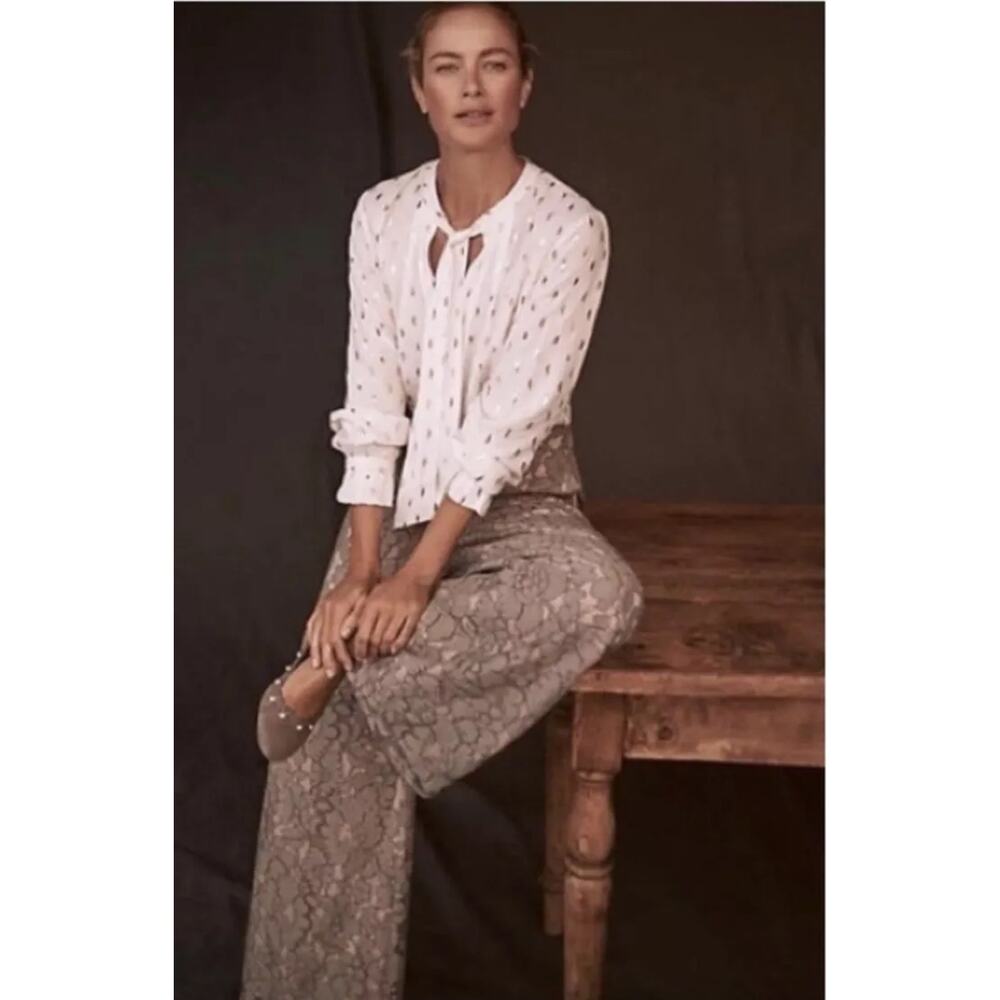 Anthropologie Cream and Brown Wide Leg Pants